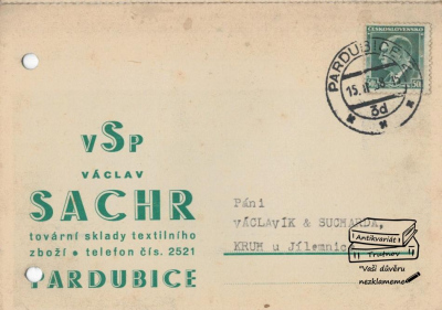 Reklamní korespondenční lístek VSP Václav Sachr Pardubice tovární sklady textilní (893221)