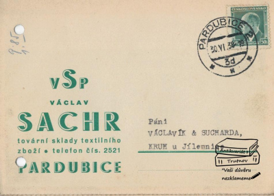 Reklamní korespondenční lístek VSP Václav Sachr Pardubice tovární sklady textilní (893221)