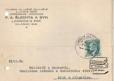 Reklamní korespondenční lístek P. A. Šlechta a syn Lomnice nad Popelkou Tkalcovna (893221)