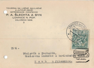 Reklamní korespondenční lístek P. A. Šlechta a syn Lomnice nad Popelkou Tkalcovna (893221)