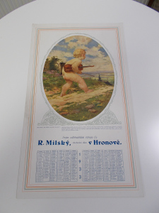 Starý plakát - kalendář - Firma R. Milský Hronov - Andílek, malý muzikant (574219)