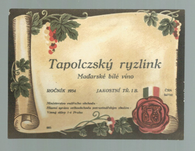 Etiketa Tapolczský ryzlink maďarské bílé víno  (602419b)