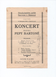 Plakátek s autogramem koncert Peta Bartoň a Pěvecko hudební spolek Smetana Mukačevo 1932 (252320) externí sklad