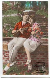 Milostná chlapec a dívka - mandolína - kolorovaná - Made in France (631421) externí sklad