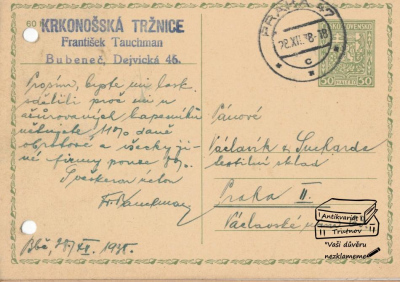 Reklamní korespondenční lístek Krkonošská tržnice František Tauchman Bubeneč (893221)