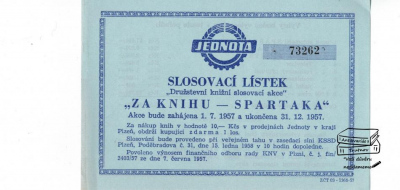Slosovací lístek za knihu Spartaka rok 1957 Jednota (320422)