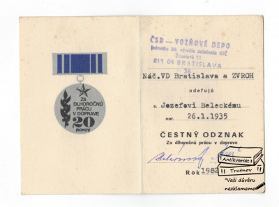 Průkazka Čestný odznak Za dlhoročnú prácu v doprave  ČSD Vozňové DEPO Bratislava 1982 (451122)