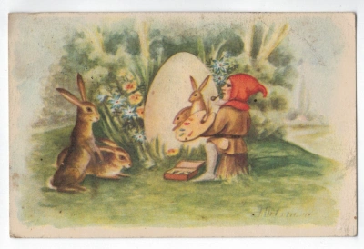 Pohled velikonoční; trpaslík kouřící dýmku, zajíci; vajíčko (187723)