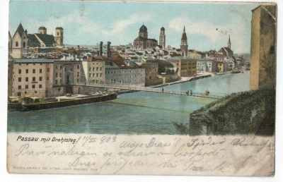 Pohlednice Passau mit Drahlsteg řeka lidé most (335023)