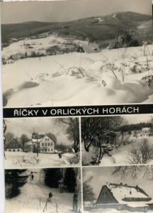 Velká pohlednice Orlické hory - Říčky - Základní škola - Lyžařský vlek - Horská chata Říčky (427223)