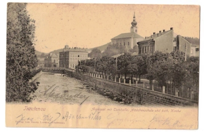 pohlednice Trutnov Trautenau Turnhalle a nábřeží Úpy dlouhá adresa 1902 (8924)