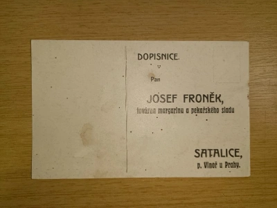 reklamní objednávkový korespondenční lístek firma Josef Froněk továrna margarinu a pekařského sladu Satalice Vinoř Praha (178124) DOK1