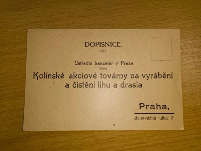 reklamní objednávkový korespondenční lístek firma Kolínské akciové továrny na vyrábění a čištění lihu a drasla Praha Senovážná ulice (178124) DOK1