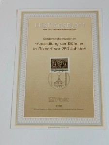 Pamětní list Ersttagsblatt der deutschen Bundespost "Ansiedlung der Böhmen in Rixdorf vor 250 Jahren" 5. 5. 1987 Belín (10003) DOK2