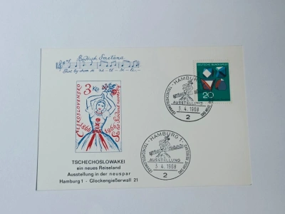 Pamětní tisk s razítkem a poštovní známkou - Československo 1866 - 1966 Tschechoslowakei ein neues Reiseland Hamburg - Ausstellung 1968(10008) DOK2