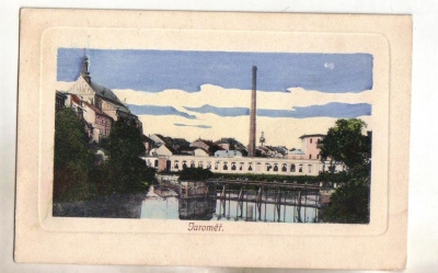Jaroměř továrna u řeky kostel tlačený romeček (932015)