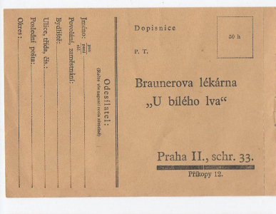 Reklamní korespondenční lístek Braunerova lékárna U bílého lva (1484618) externí sklad