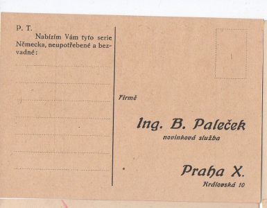 Objednávkový korespondenční lístek fa. Ing. B. Paleček novinková služba Praha (1485018) externí sklad