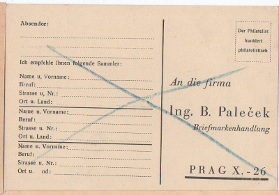 Objednávkový korespondenční lístek fa. Ing. B. Paleček novinková služba Praha (1485318) externí sklad