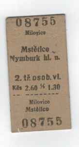 Starý lístek na vlak Milovice Mstětice Nymburk hl. n. 2. tř. os. vl. raženo 23.VII.1962 (553919)