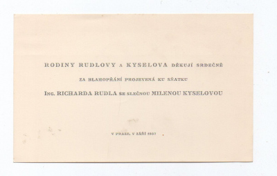 Svatební oznámení Praha září 1937 (252720) externí sklad