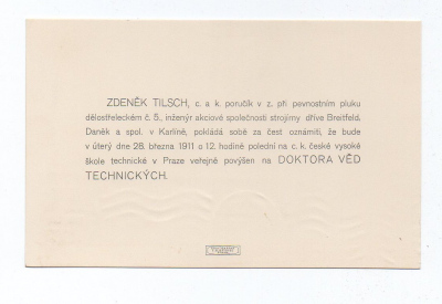 Oznámení o povýšení na Doktora věd technických Zdeněk Tilsch c. a k. poručík pevnostní pluk dělostřelecký č. 5 - 28. březen 1911 (252720) externí sklad